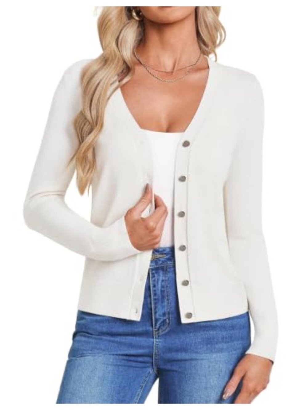 Women's V-Neck Cardigan Sweater Stretchy Knit Buttons Long Sleeve